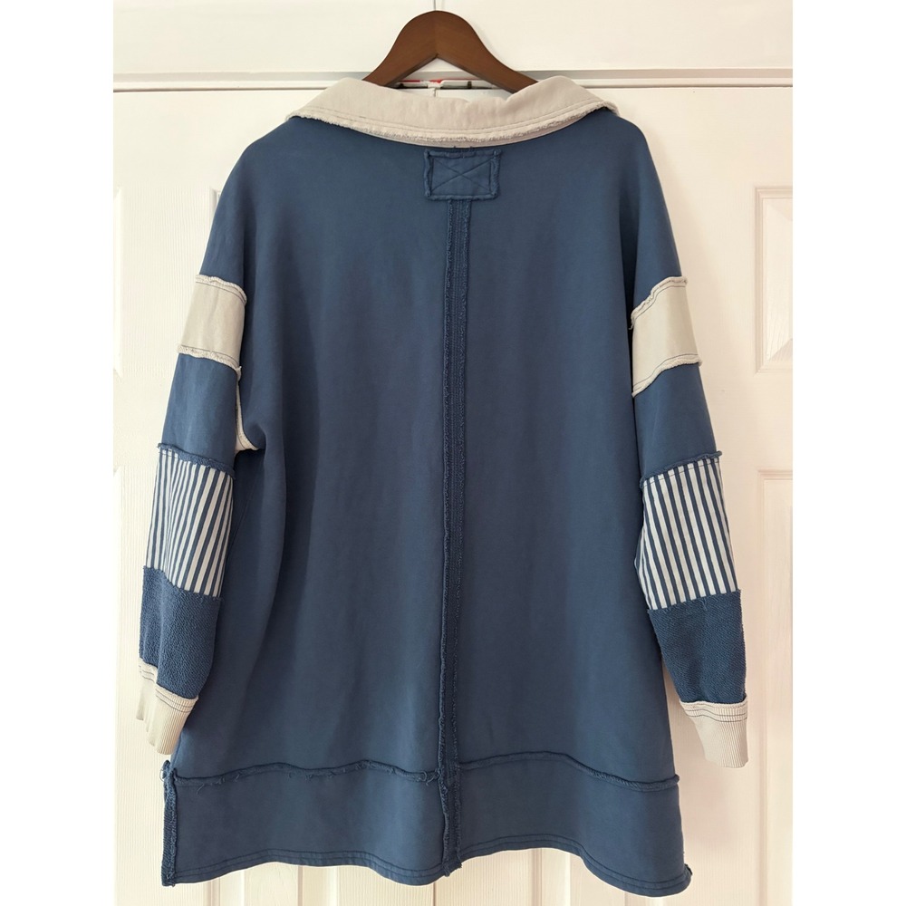 Free People We The Free Blue Monday Rugby Pullover Mixed Media Sweatshirt M - Picture 2 of 5